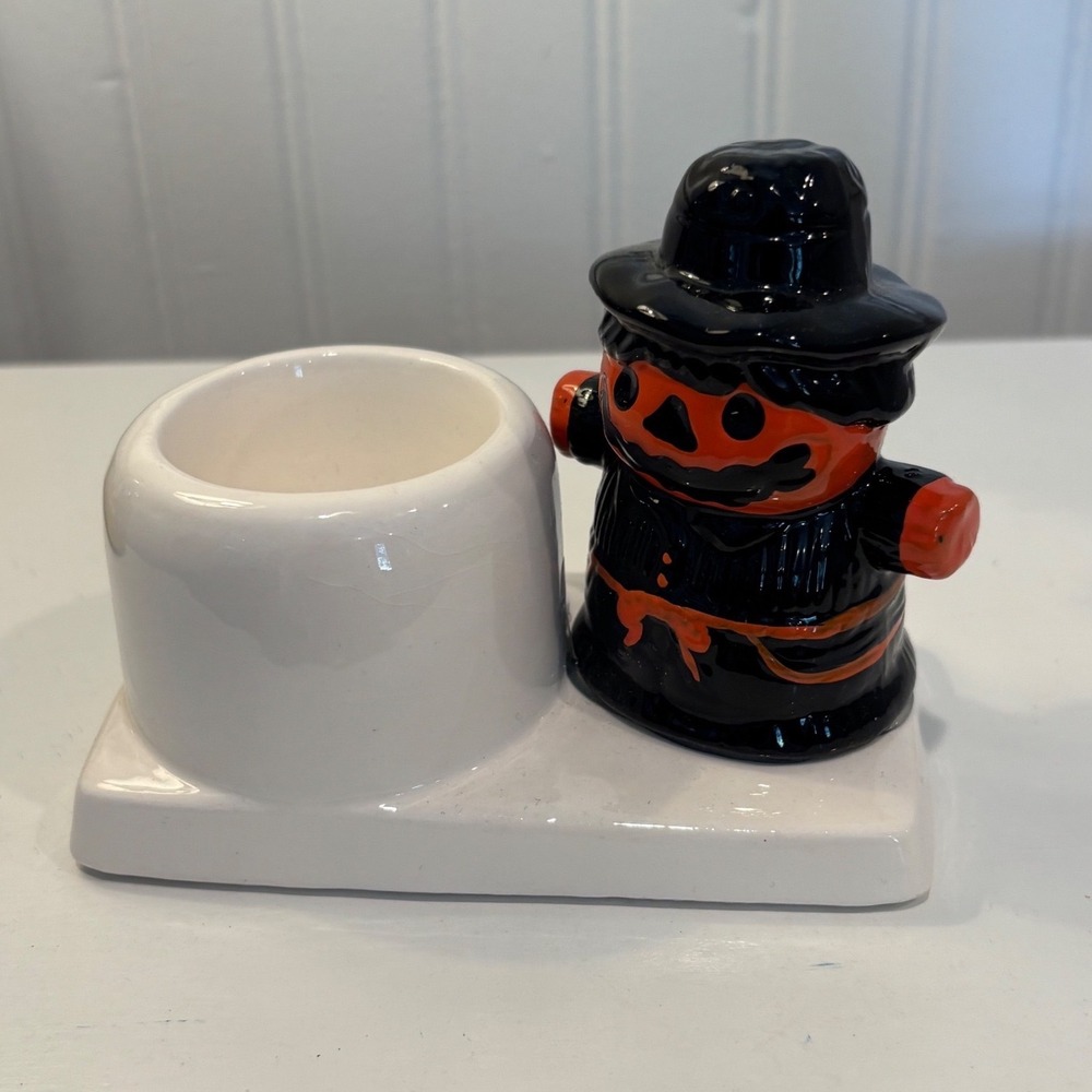 Vintage Kmart Halloween Ceramic Jack-O-Lantern Scarecrow Votive Candle Holder